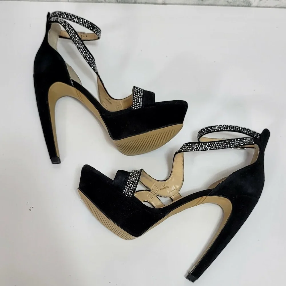 Enzo Angiolini Eataelon Black‎ Suede Rhinestone Heels Leather Upper 6M Glam Luxe